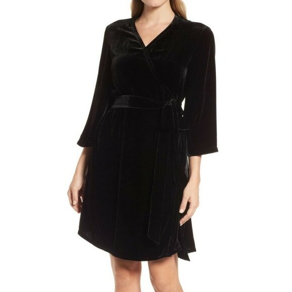 Eileen Fisher Black Velvet V-Neck Wrap Dress - Picture 1 of 3